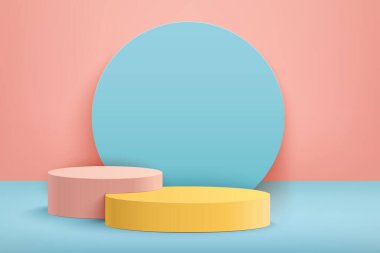 Soyut 3D gerçekçi boş yuvarlak podyumlar ve arka planda mavi yuvarlak şekiller. Ürün sunumu için en küçük sahne. Ödül töreni konsepti