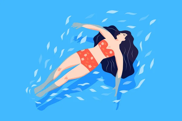 Молода Дівчина Плаває Поверхні Води Жінка Бікіні Плаває Спині Морі — стоковий вектор