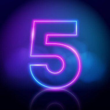 Mor vektör neon tüp numarası beş. Arka planda sis var. Neon rengi parlayan numara