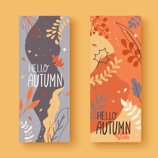 Conjunto Dois Banners Verticais Cores Quentes Com Folhas Outono Coloridas Ilustração De Stock