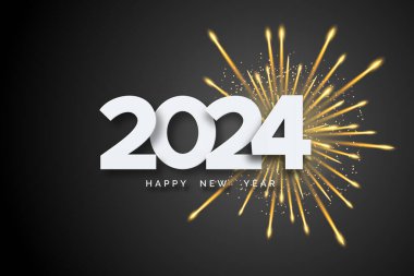 2024 Mutlu Yıllar. Beyaz numaralar ve siyah arka planda havai fişekler. Mutlu Noeller ve mutlu yıllar 2024 tebrik kartı.