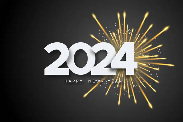 2024 Šťastný Nový Rok Bílá Čísla Ohňostroj Černém Pozadí Veselé Royalty Free Stock Vektory