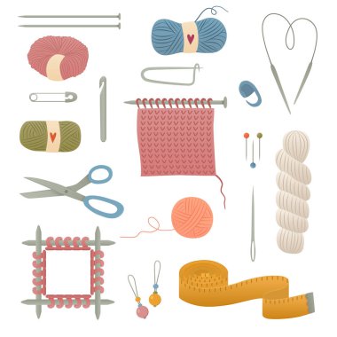 İğne işi, dikiş ve örgü aletleri. Samimi zanaat hobisi. Örgü koleksiyonu
