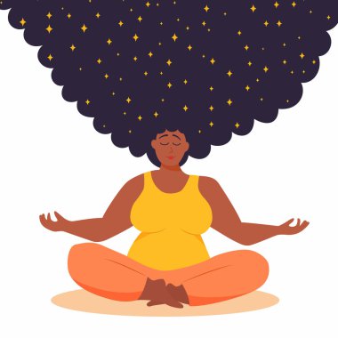 Artı meditasyoncu bir kadın, yıldızlı gece gökyüzü saçlı. Farkındalık ve iç huzur