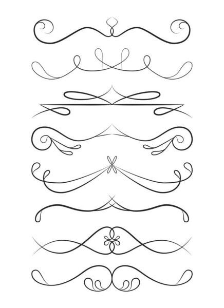 Eight elegant black swirl line dividers, decorative borders