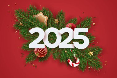 Şeker, köknar brunch 'ı ve Noel faktörüyle 2025 yılının afişi kutlu olsun. Gerçekçi dekorasyonları olan şenlikli kırmızı arka plan. Kırmızı ve yeşil renkli promosyon posteri