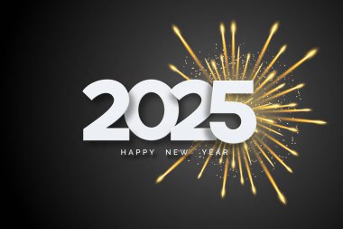 2025 mutlu yıllar. Beyaz numaralar ve siyah arka planda havai fişekler. Mutlu Noeller ve mutlu yıllar 2023 tebrik kartı.