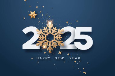 Kutlama 2025 Yeni Yıl tebrik kartı. Donanma arka planında altın kar tanesi, yıldız ve konfeti var.