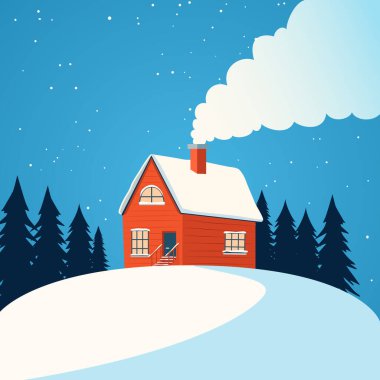 Kırmızı kabin karla ve çam ağaçlarıyla çevrili, bacadan yükselen dumanla