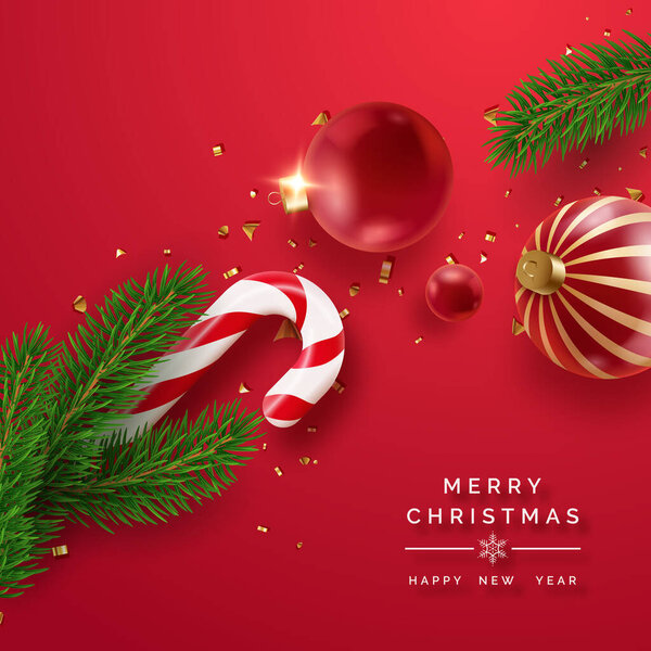Escena Navideña Festiva Con Bastón Caramelo Adornos Ramas Pino Confeti — Vector de stock
