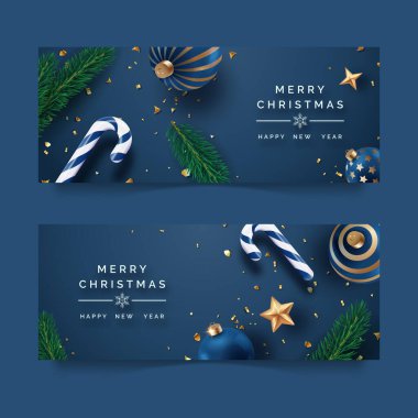 Donanma arka planında süs, şeker kamışı ve çam dallı iki yatay Noel bayrağı.