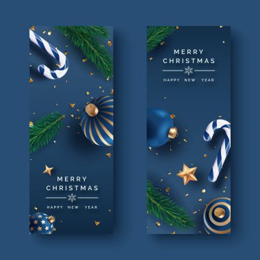 Süslü, şeker kamışlı ve donanma arka planında çam dallı iki dikey Noel bayrağı.