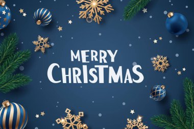 Üzerinde altın kar taneleri, mavi süsler ve koyu mavi arkaplanda çam dalları olan bir Noel kartı.