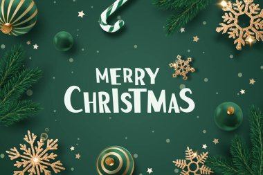 Yeşil ve altın renkli Noel kartı, çam dalları, kar taneleri ve koyu yeşil arka planda bir şeker kamışı.
