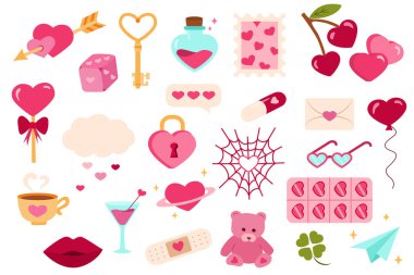 Renkli Sevgililer Günü temalı elementlerde kalpler, aşk iksiri, anahtarlar, balonlar ve romantik semboller var.