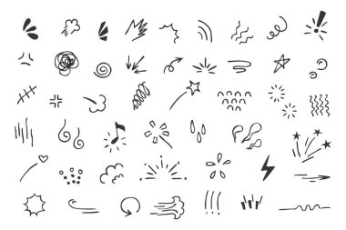 Semboller, hareket çizgileri ve dekoratif öğeler içeren el çizimi karalamalar.