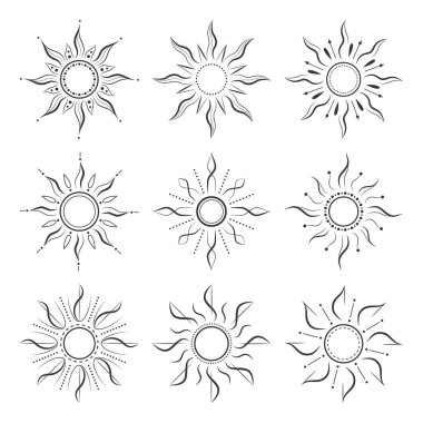 Süslü detaylarla simetrik güneş patlaması çizimleri koleksiyonu. Zarif siyah beyaz çizgi sanatı