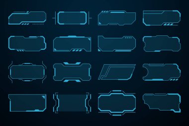 Koyu arkaplan üzerinde neon mavi çizgileri olan fütüristik HUD başlık çerçeveleri. Siber Punk arayüzleri ve oyun örtüşmeleri