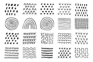 Çeşitli şekil ve çizgilerle çizilmiş el çizimi desenleri koleksiyonu. Geometrik basit minimalist desenler ayarlandı