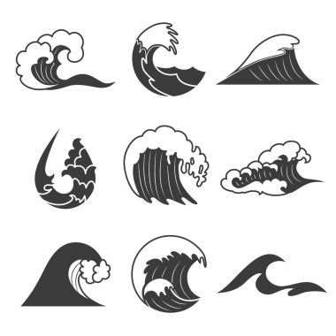 Farklı soyut okyanus dalgaları içeren siyah beyaz dalga logoları koleksiyonu