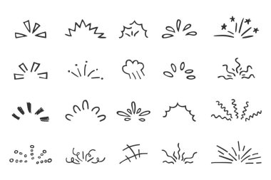 Karalama stilinde el yapımı, parıltı, yıldız patlaması ve patlama elementleri koleksiyonu