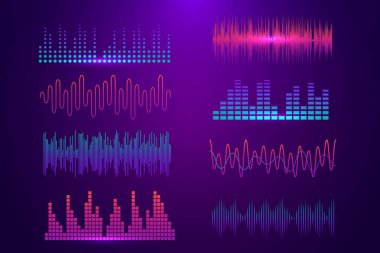 Mor arkaplanda renkli müzik dalgaboyları ve eşitleyici grafikler kümesi