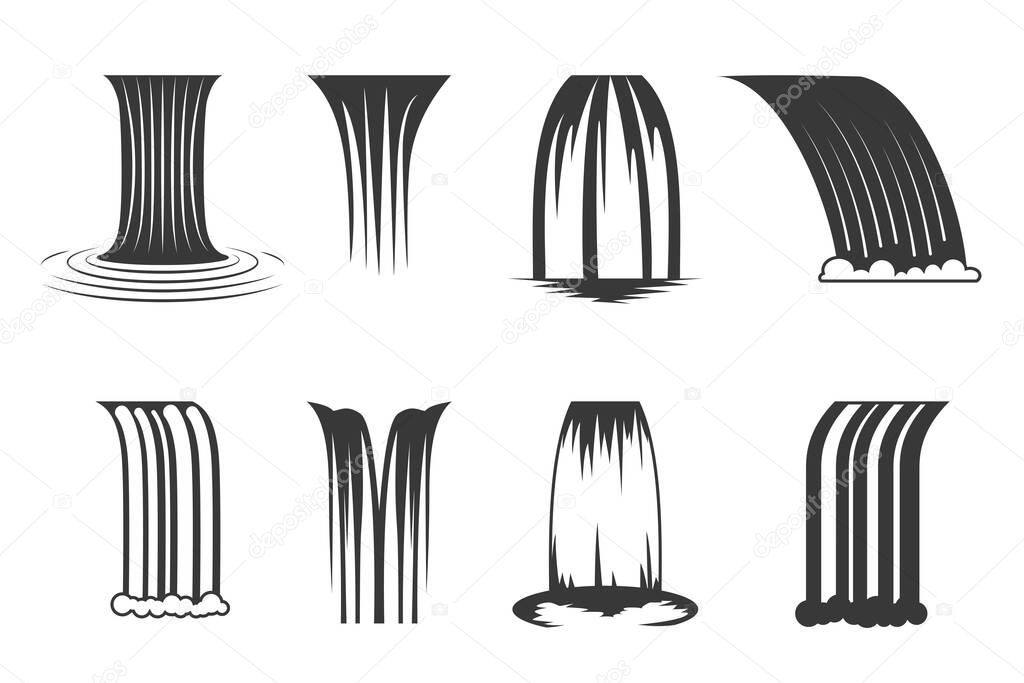 Set of minimalist waterfall icons in black color. Water resource and nature concept