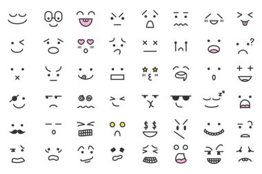 Minimalist tarzda farklı duygusal ifadelere sahip bir dizi çizgi film emojisi.