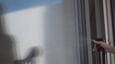 Silmeden önce cam camına temizleme sıvısı sıkan bir kadın. Ev işleri ve ev hijyeni kavramı