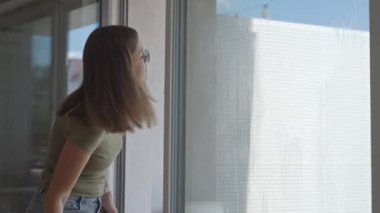 Kadın pencereyi içeriden siliyor. Nem ve kiri temizlemek için cam silici kullanıyor. Ev içi bakım kavramı