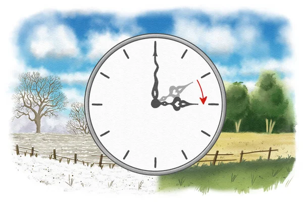 illustration of a clock switch to summer time, time change to daylight saving time