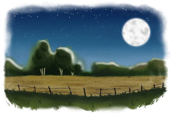 watercolor illustration of a landscape with a field, fence and sky in a full moon night