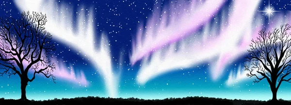 Watercolor Illustration Night Sky Northern Lights Banner — Foto de Stock