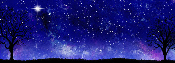 Watercolor illustration of night sky with stars as banner