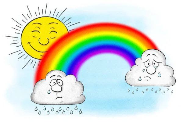 Cartoon Illustration Der Sonne Und Einer Regenwolke Mit Einem Regenbogen — Stockfoto