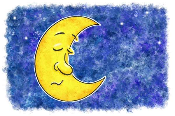 illustration of sleeping cartoon moon in watercolor night sky