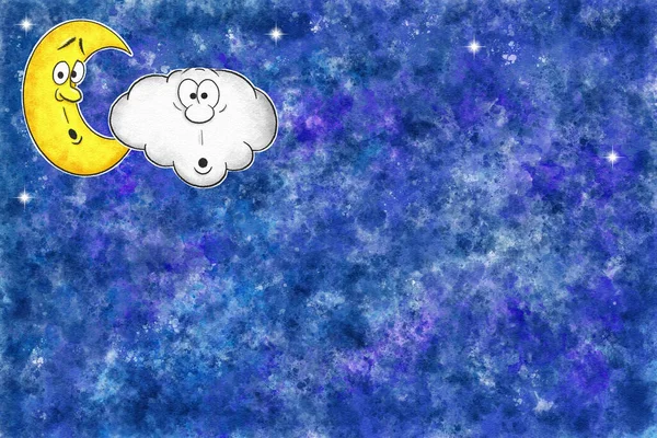 Ilustración Luna Dibujos Animados Sorpresa Con Nubes Igualmente Sorprendidas Cielo — Foto de Stock