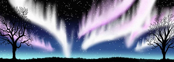 Aquarel Illustratie Van Nacht Hemel Met Noorderlicht Als Banner — Stockfoto