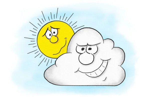 Ilustración Dibujos Animados Sol Escondido Por Las Nubes Cielo —  Fotos de Stock