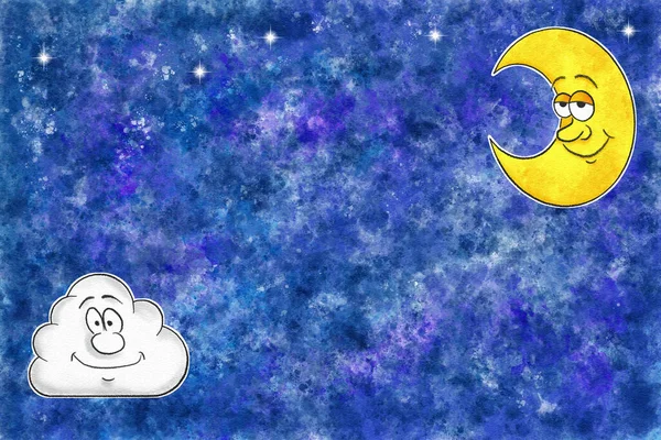 Illustrazione Della Luna Dei Cartoni Animati Con Una Nuvola Acquerello — Foto Stock
