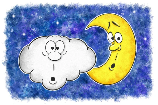 Иллюстрация Неожиданной Мультяшной Луны Одинаково Удивленным Облаком Акварельном Ночном Небе — стоковое фото