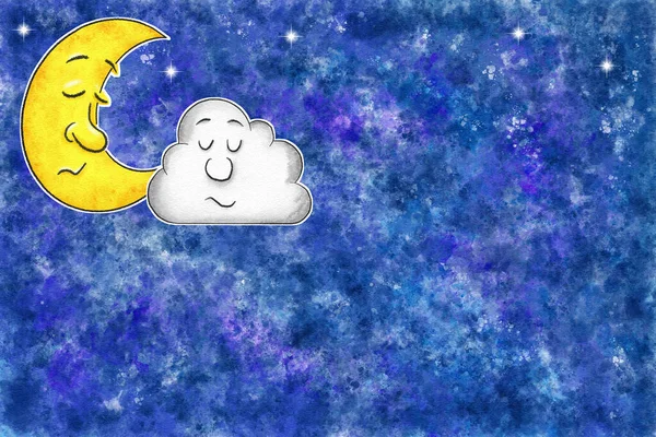 Ilustração Dormir Lua Dos Desenhos Animados Com Nuvem Aquarela Céu — Fotografia de Stock