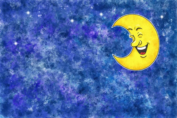 Иллюстрация Смеющейся Мультяшной Луны Акварельном Ночном Небе — стоковое фото