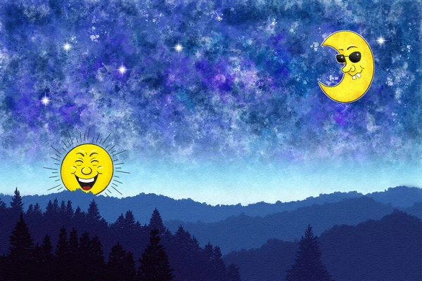 Ilustración Paisaje Con Cielo Nocturno Luna Con Gafas Sol Sol — Foto de Stock