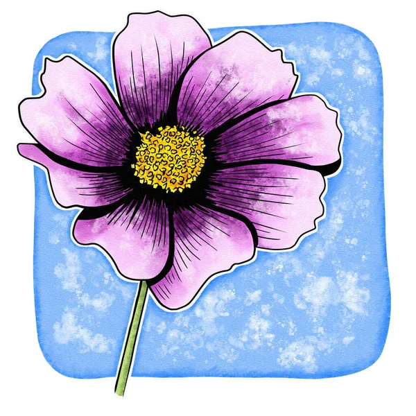 Linia Tusz Rysunek Kosmosu Kwiat Akwarelowym Tłem Jako Kartka Okolicznościowa — Zdjęcie stockowe