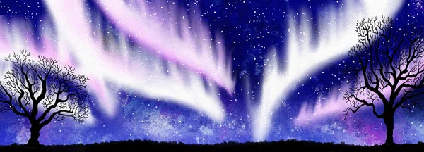 Watercolor Illustration Night Sky Northern Lights Banner — 图库照片