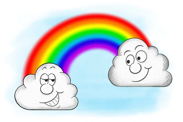 Ilustración Dibujos Animados Nubes Con Arco Iris Cielo —  Fotos de Stock