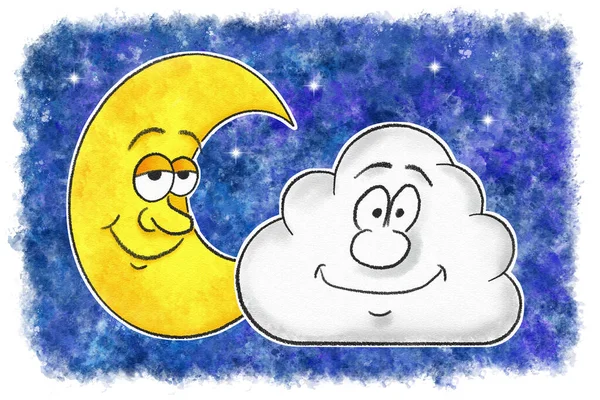 illustration of cartoon moon with a cloud in watercolor night sky
