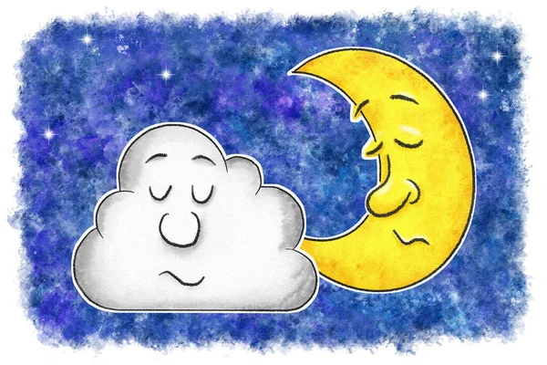 illustration of sleeping cartoon moon with cloud in watercolor night sky
