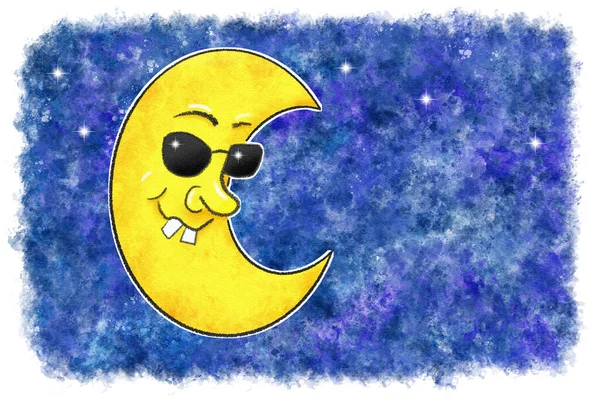 Иллюстрация Мультяшной Луны Солнцезащитными Очками Акварельном Ночном Небе — стоковое фото